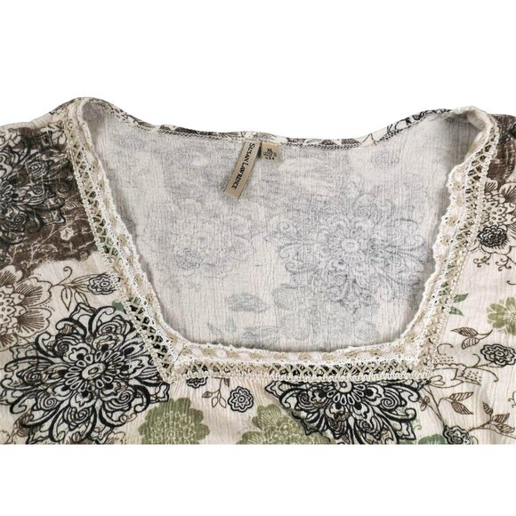 Susan Lawrence Woman's Top with Waist Ties Beige Green Floral Print XL  JH962 - Picture 2 of 3